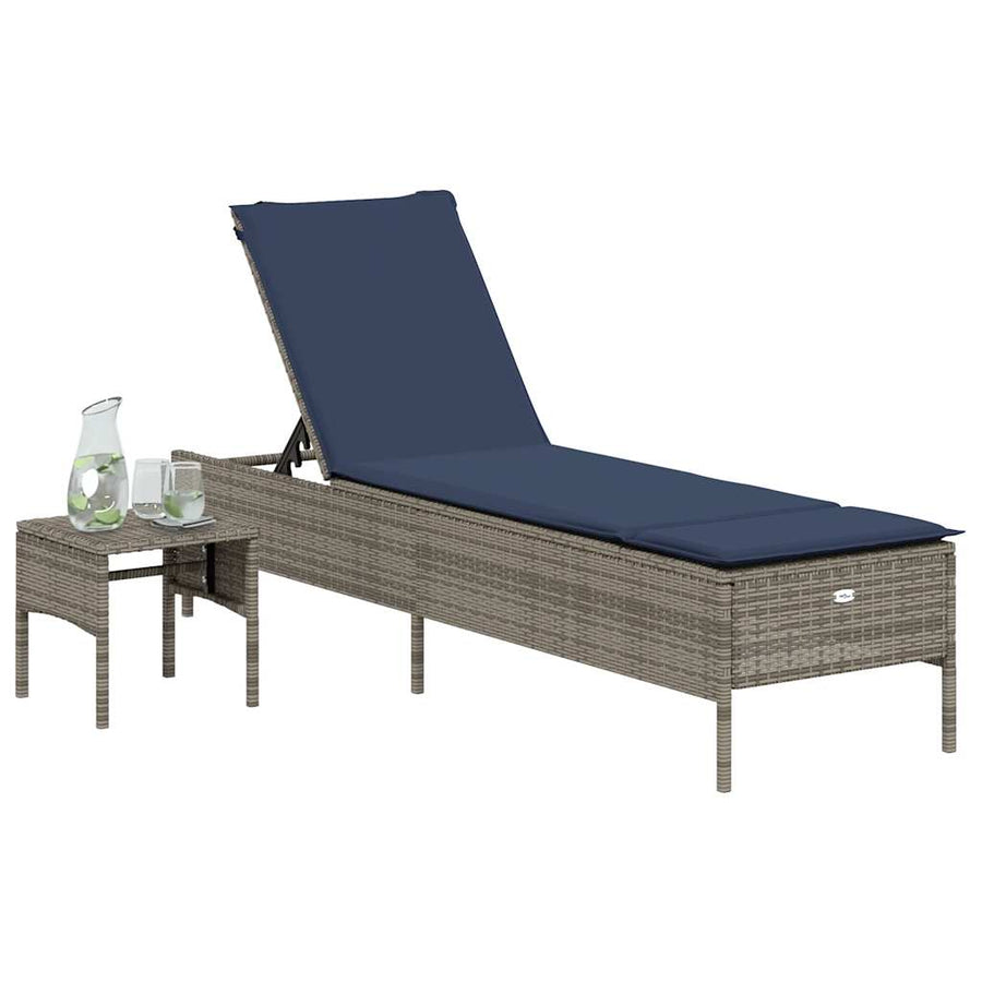 Ligstoel met tafel en kussen, grijs polyrotan