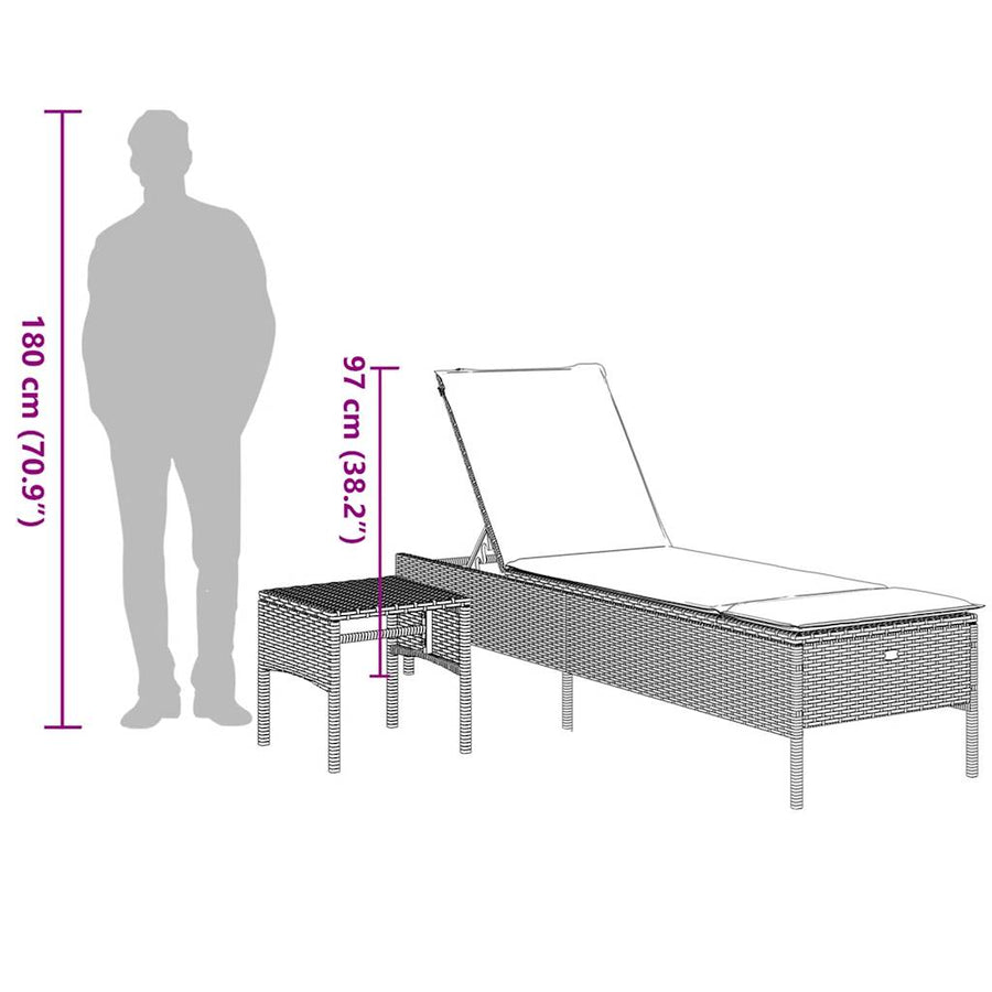 Ligstoel met tafel en kussen, grijs polyrotan