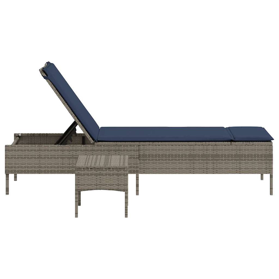 Ligstoel met tafel en kussen, grijs polyrotan
