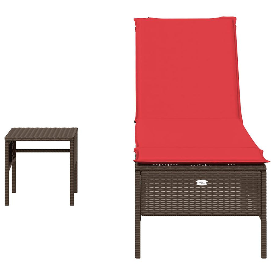 Ligstoel met tafel en kussen, bruin polyrotan