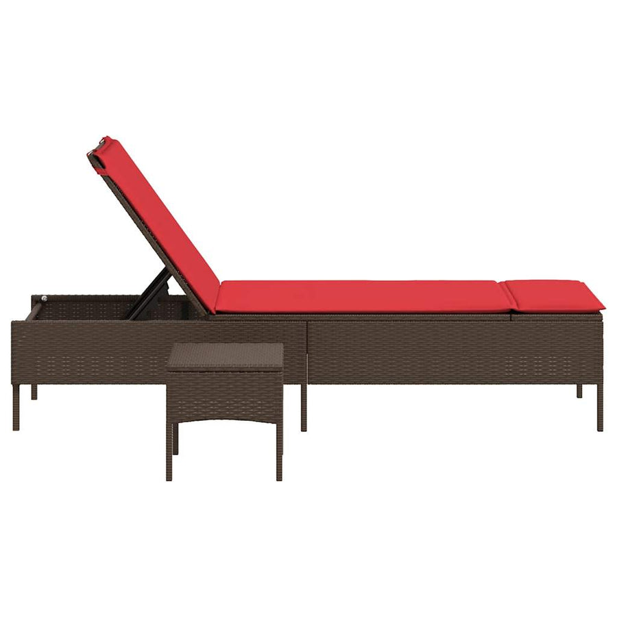 Ligstoel met tafel en kussen, bruin polyrotan