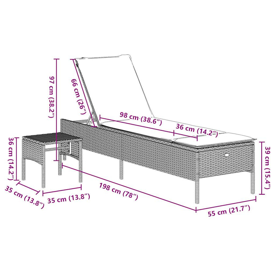 Ligstoel met tafel en kussen, bruin polyrotan