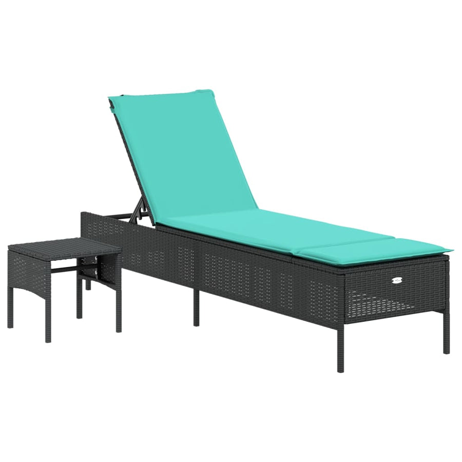 Ligstoel met tafel en kussen, zwart polyrotan