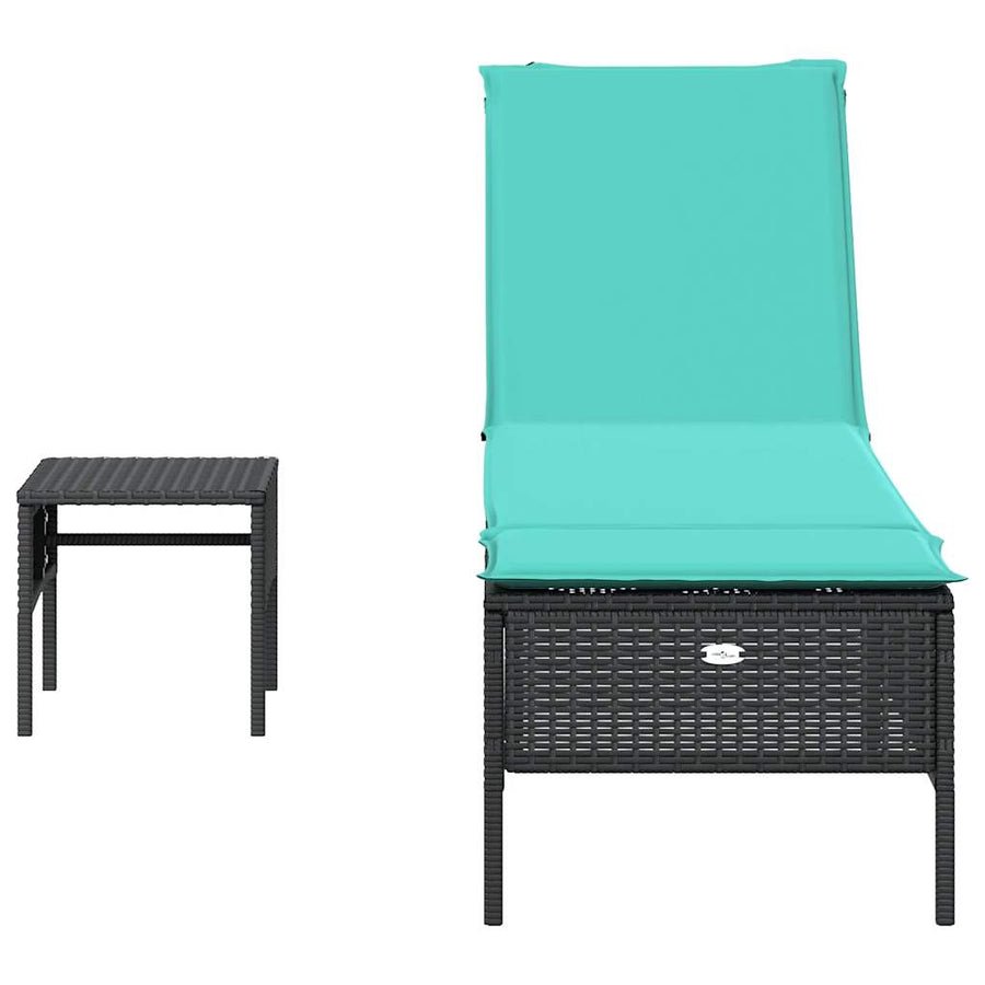 Ligstoel met tafel en kussen, zwart polyrotan