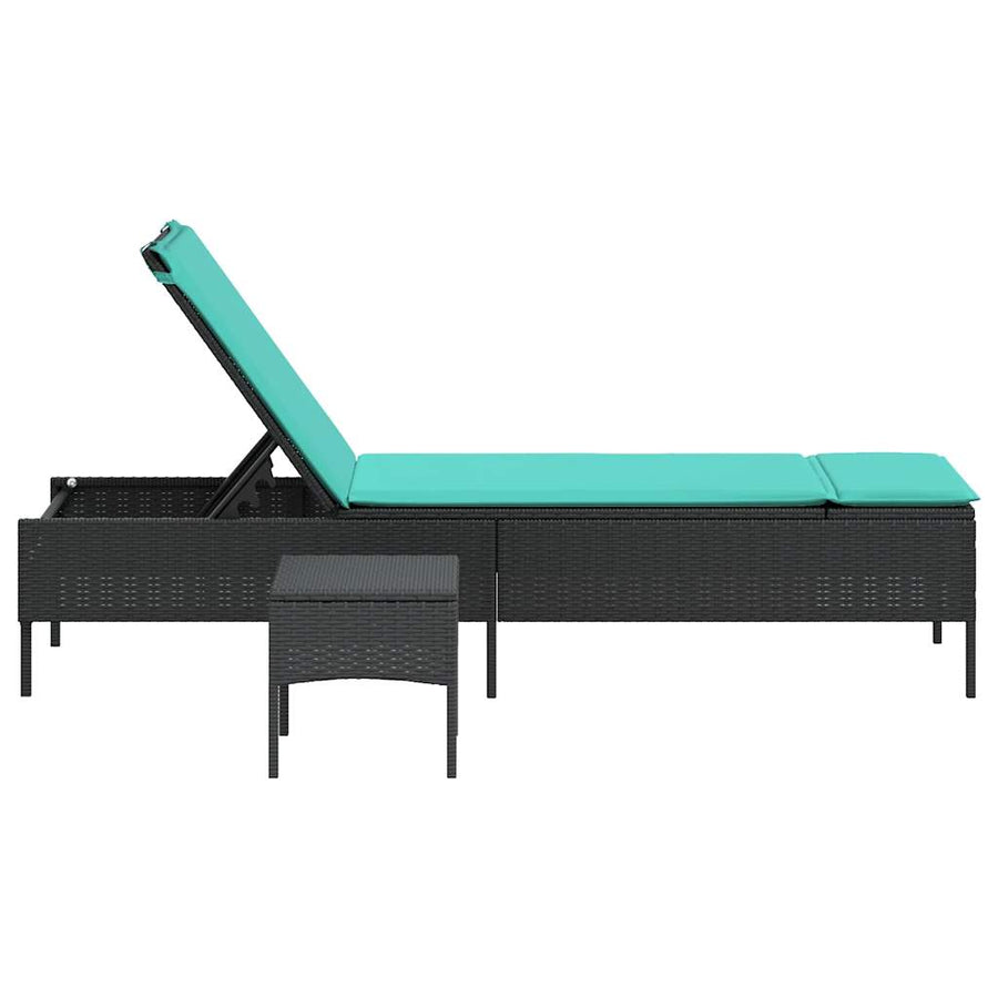 Ligstoel met tafel en kussen, zwart polyrotan
