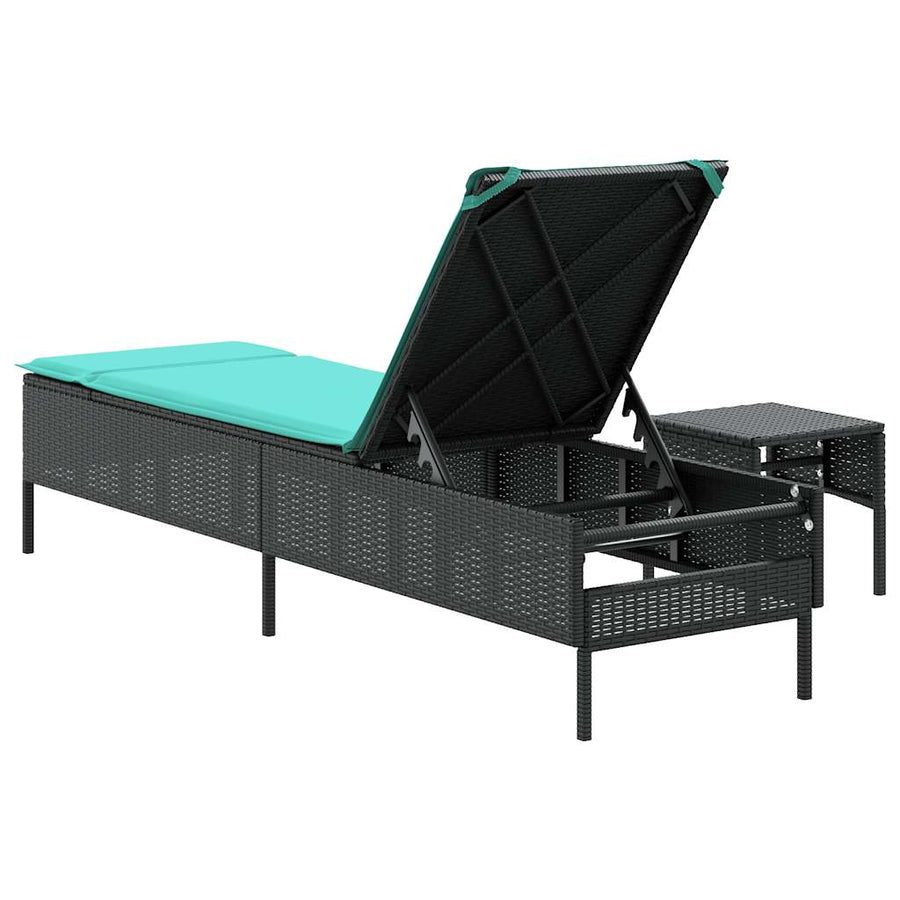 Ligstoel met tafel en kussen, zwart polyrotan