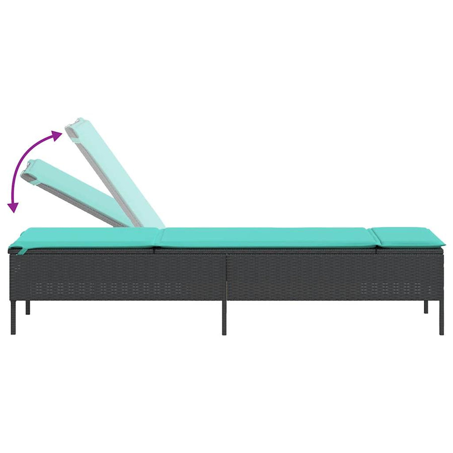 Ligstoel met tafel en kussen, zwart polyrotan
