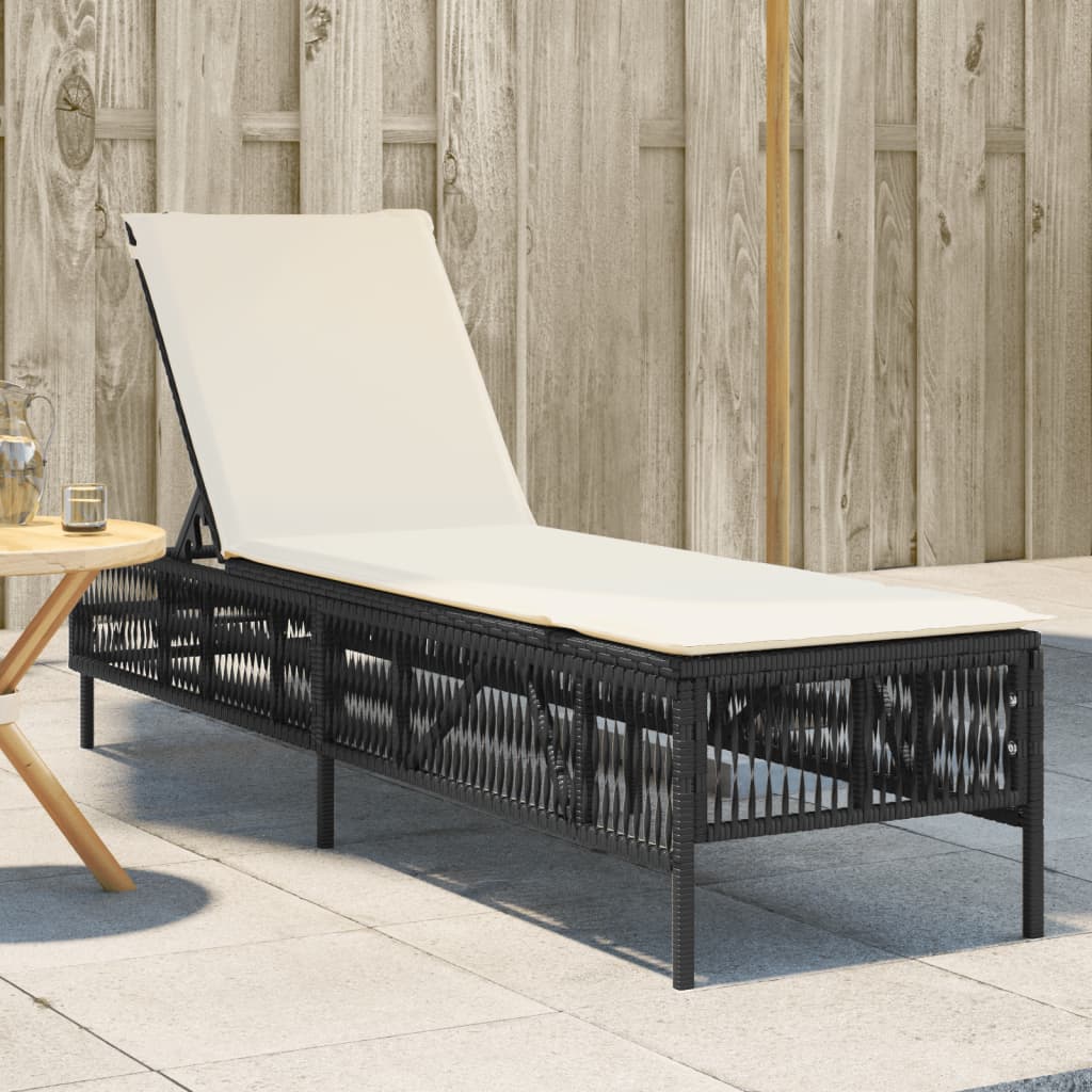 Ligbed met kussen poly rattan zwart