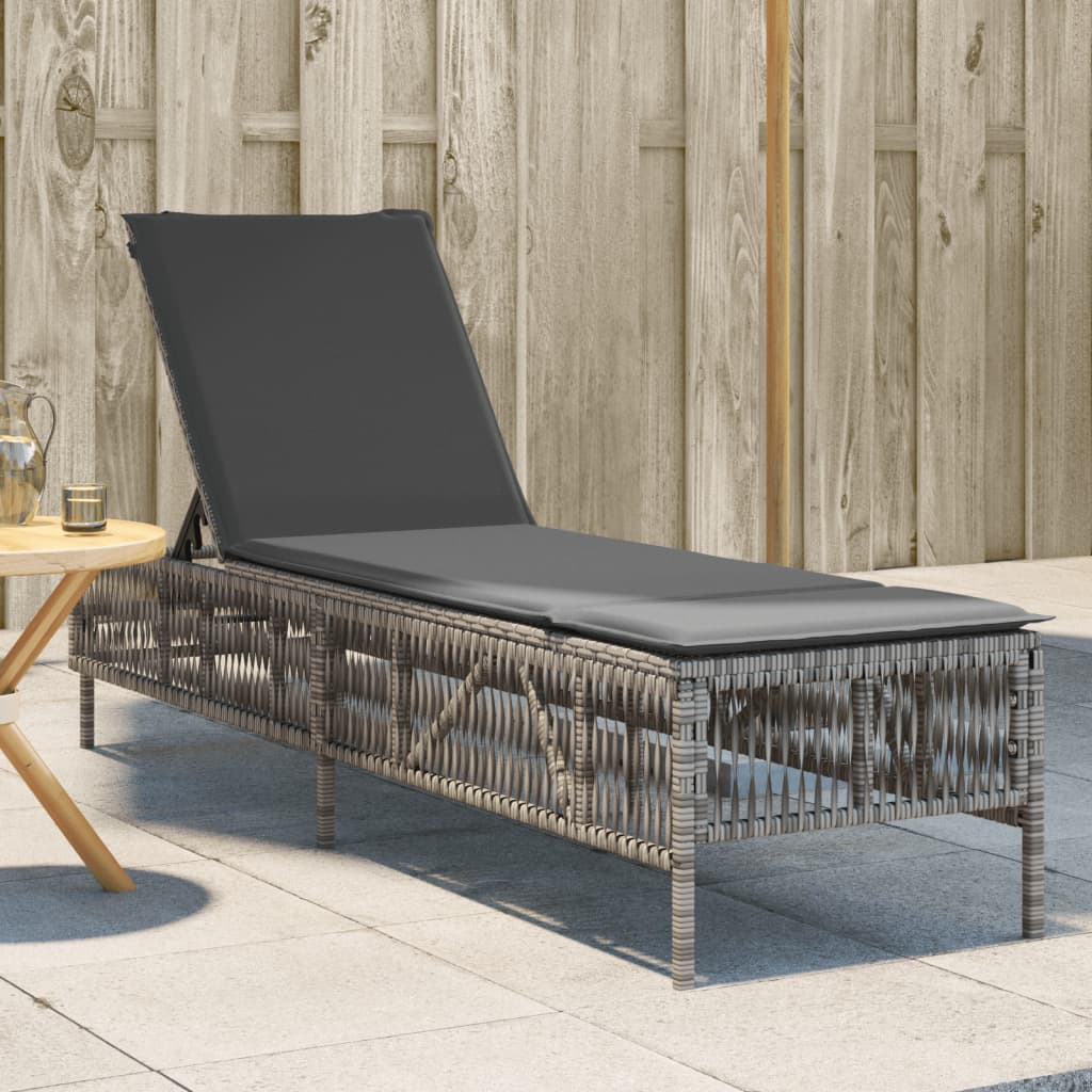 Ligbed met kussen poly rattan grijs