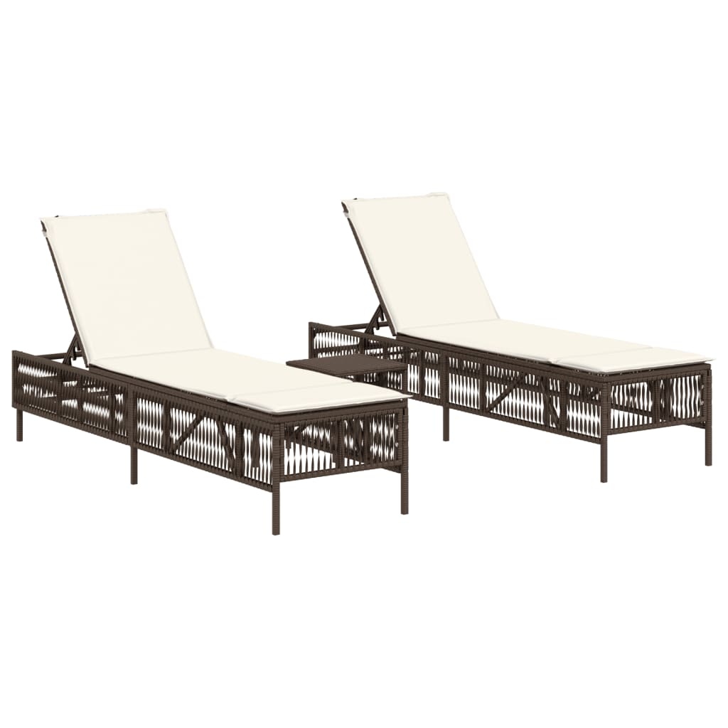 Ligstoelen 2 st met tafel poly rattan bruin