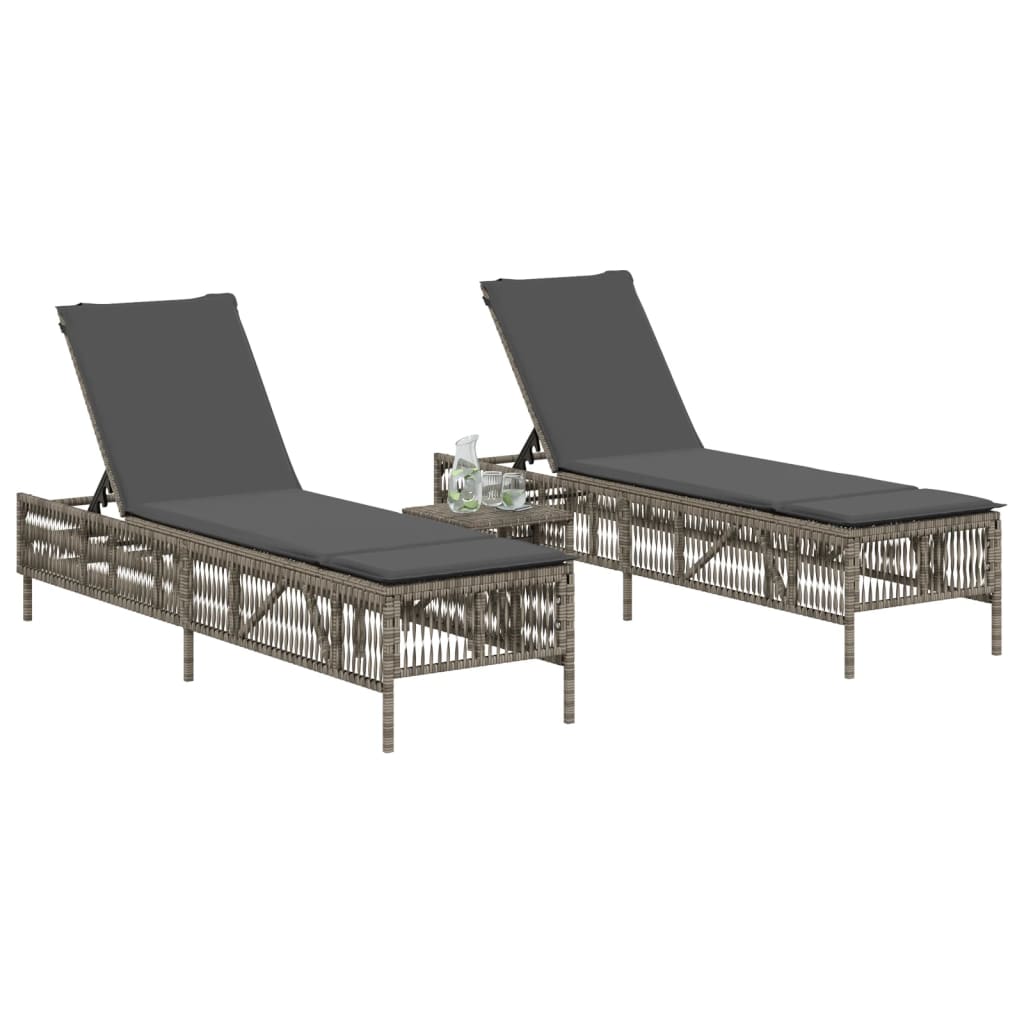 Ligbedden 2 st met tafel poly rattan grijs
