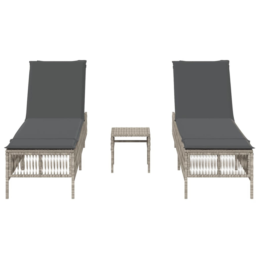 Ligbedden 2 st met tafel poly rattan lichtgrijs