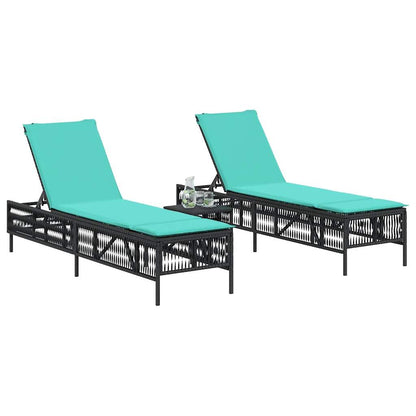 Ligstoelen 2 stuks met tafel Zwart Poly Rotan