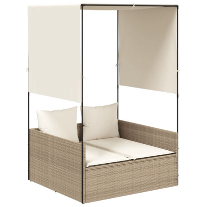 Ligbed tweepersoons met dak en gordijn poly rattan beige