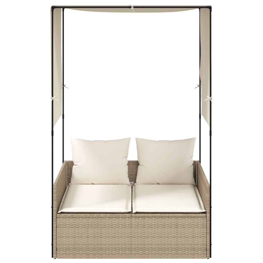 Ligbed tweepersoons met dak en gordijn poly rattan beige