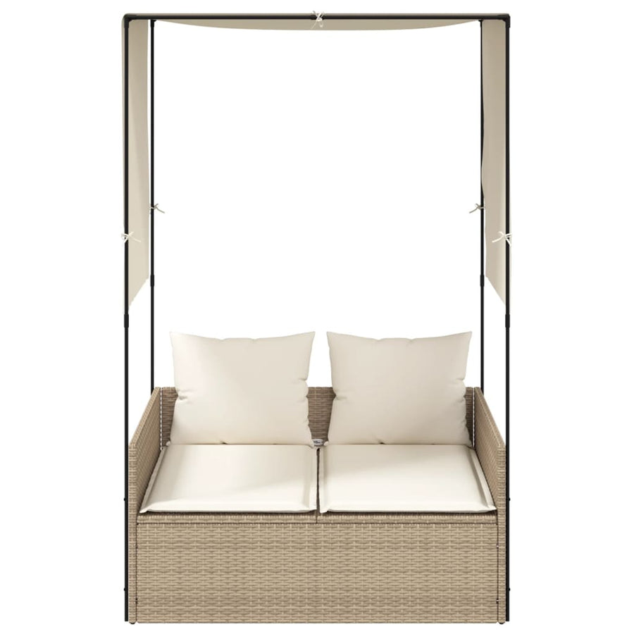 Ligbed tweepersoons met dak en gordijn poly rattan beige