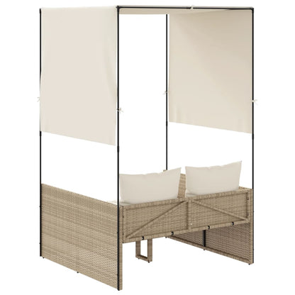 Ligbed tweepersoons met dak en gordijn poly rattan beige