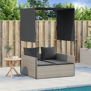 Ligbed tweepersoons poly rattan lichtgrijs met dak en gordijn