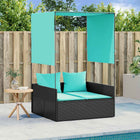 Double sun lounger with roof and curtains, black polyrattan