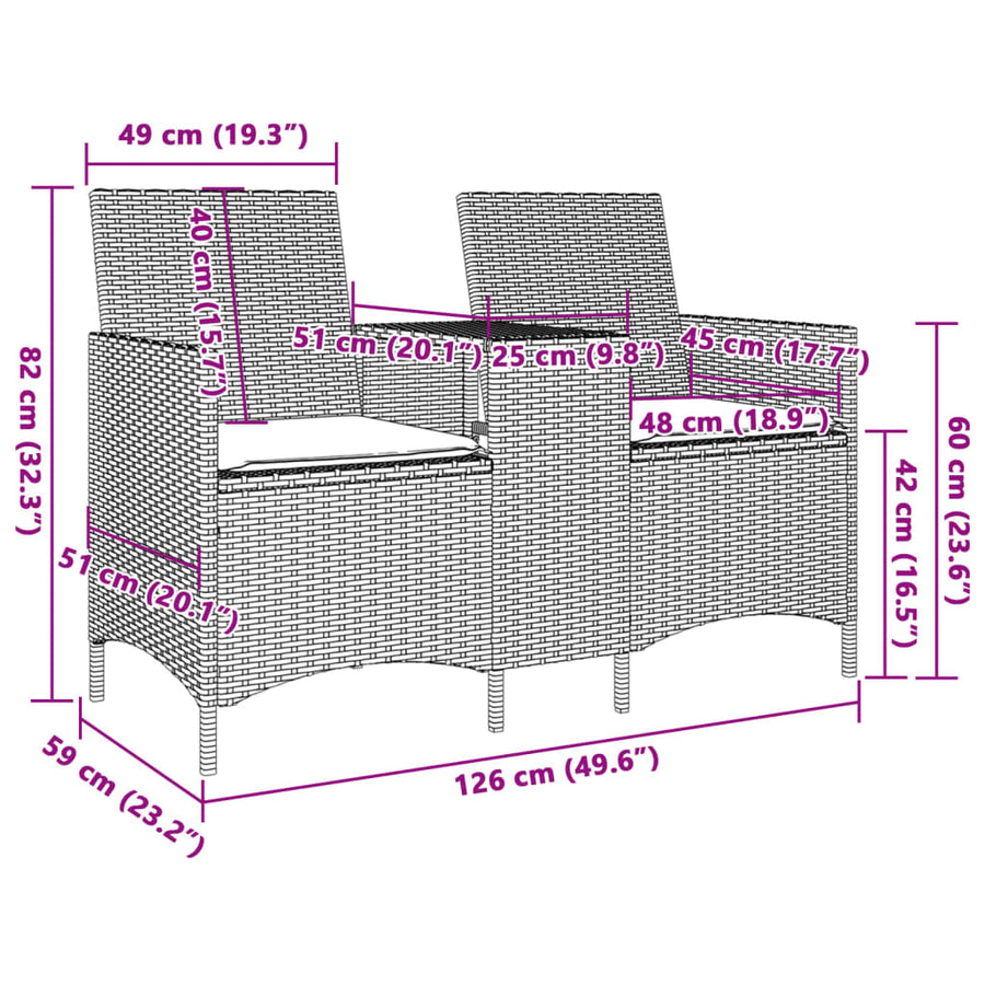 Tuinbank 2-Zits Met Tafel En Kussens Poly Rattan 1