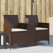 Tuinbank 2-zits poly rattan bruin met tafel en kussens