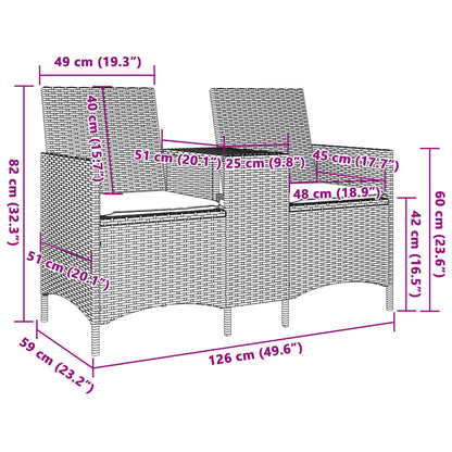 Tuinbank 2-zits met tafel en kussens poly rattan grijs