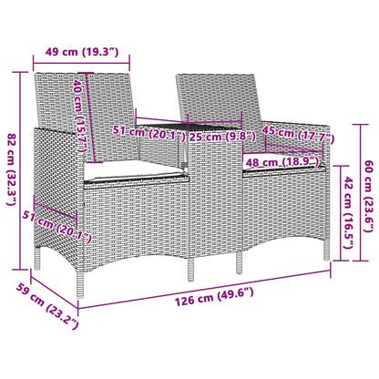 Tuinbank 2-zits met tafel en kussens poly rattan beige