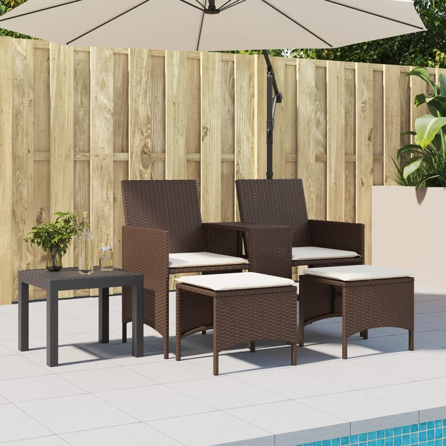 Tuinbank 2-zits met tafel en voetenbanken poly rattan bruin