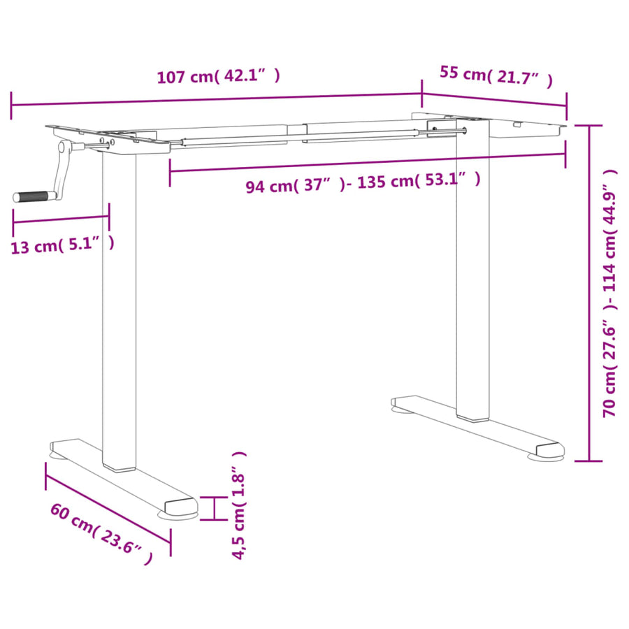 Zit-Sta Bureauframe (94-135)X60X(70-114) Cm Staal Wit