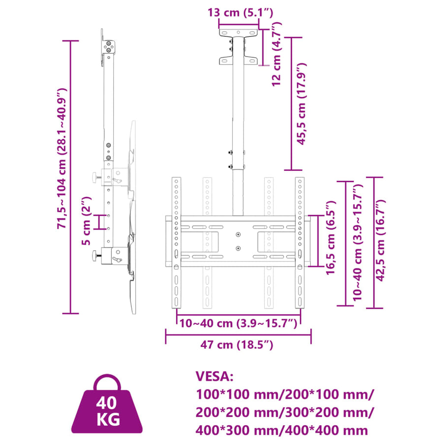 Tv-plafondbeugel 32-65 inch scherm 40 kg Max VESA 400x400 cm