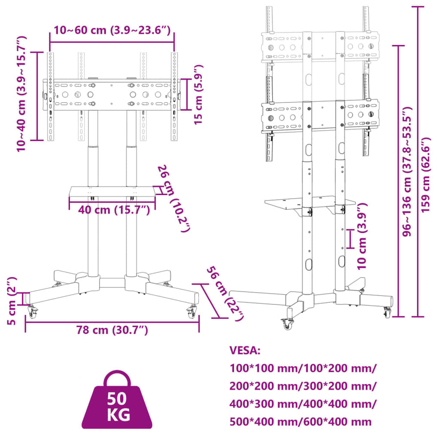 TV-standaard wielen 32-70 inch scherm 40 kg Max VESA 600x400 mm