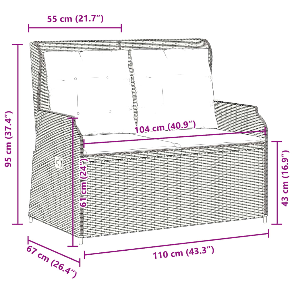 Ligbank voor in de tuin met kussens bruin poly rattan