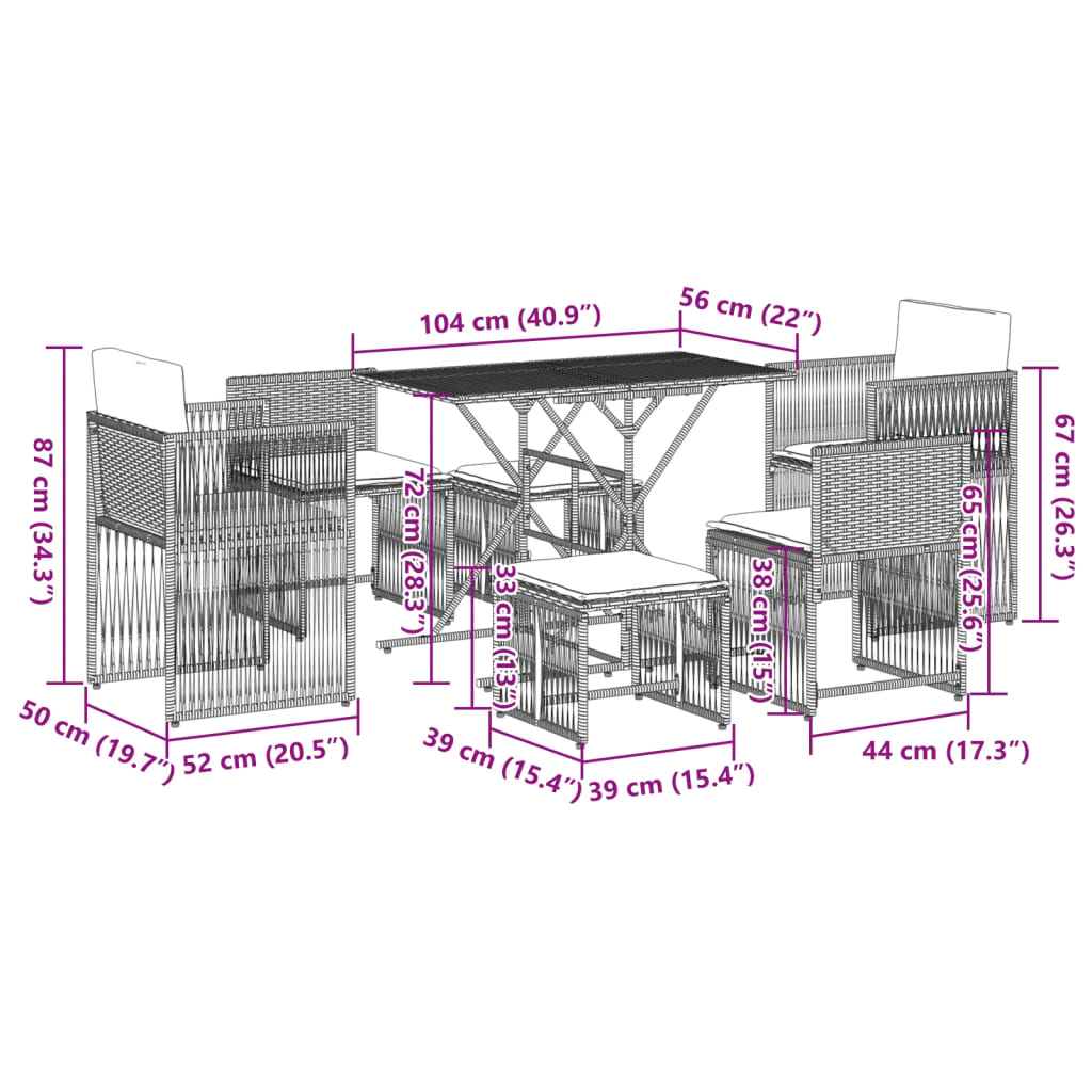 7-delige Tuinset met kussens poly rattan bruin