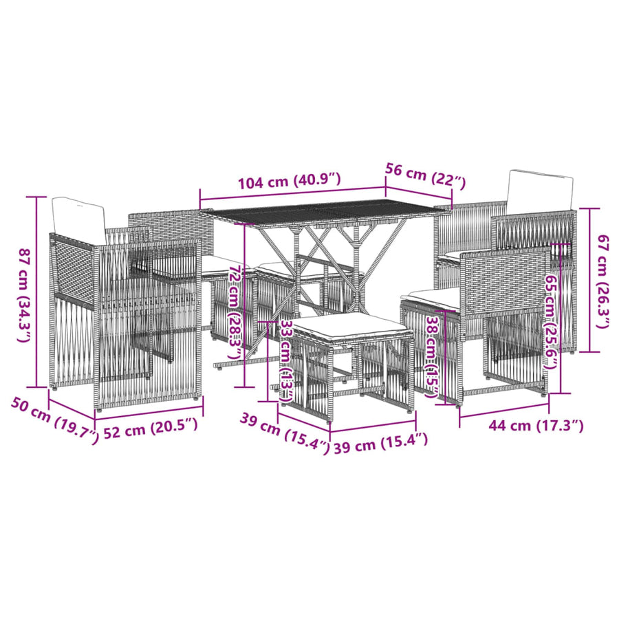 7-delige Tuinset met kussens poly rattan bruin