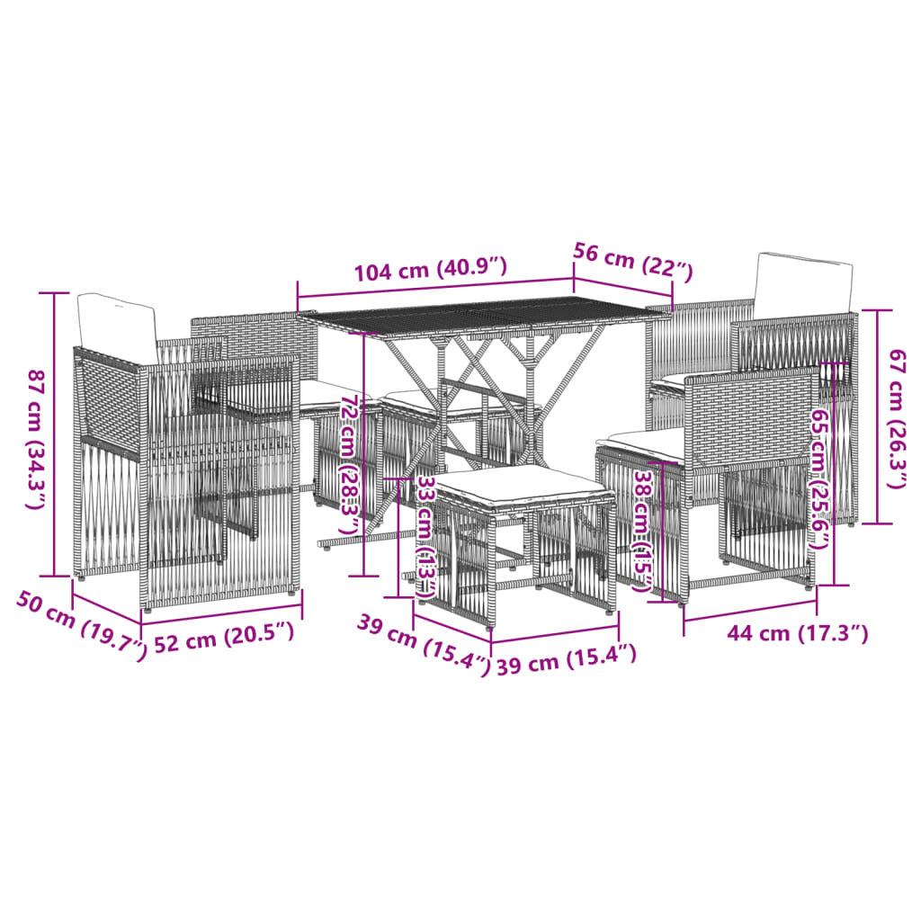 7-delige Tuinset met kussens poly rattan beige
