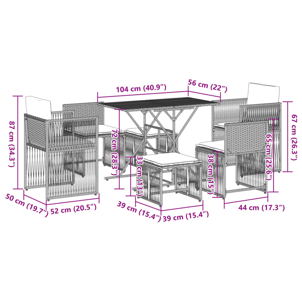 7-delige Tuinset met kussens poly rattan beige