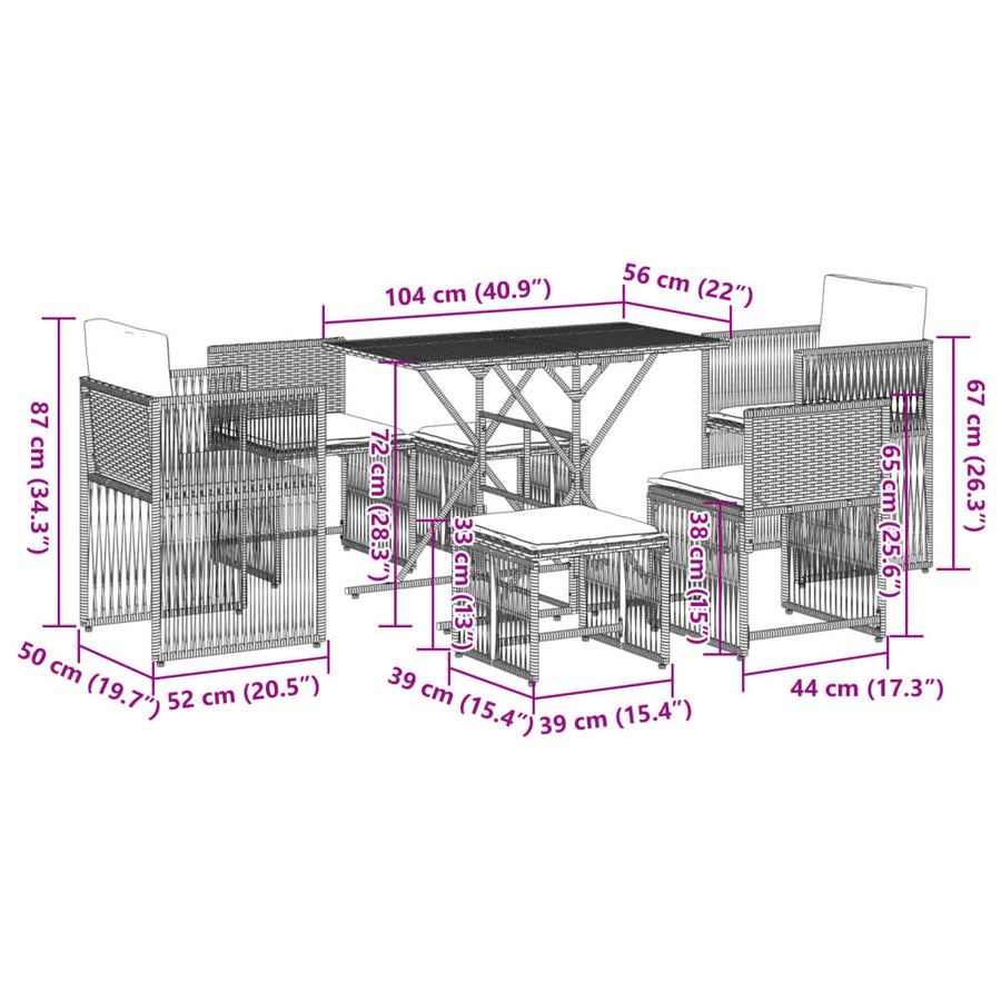 7-delige Tuinset met kussens poly rattan beige