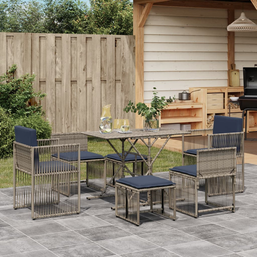 7-delige tuineetset met kussens grijs poly rattan