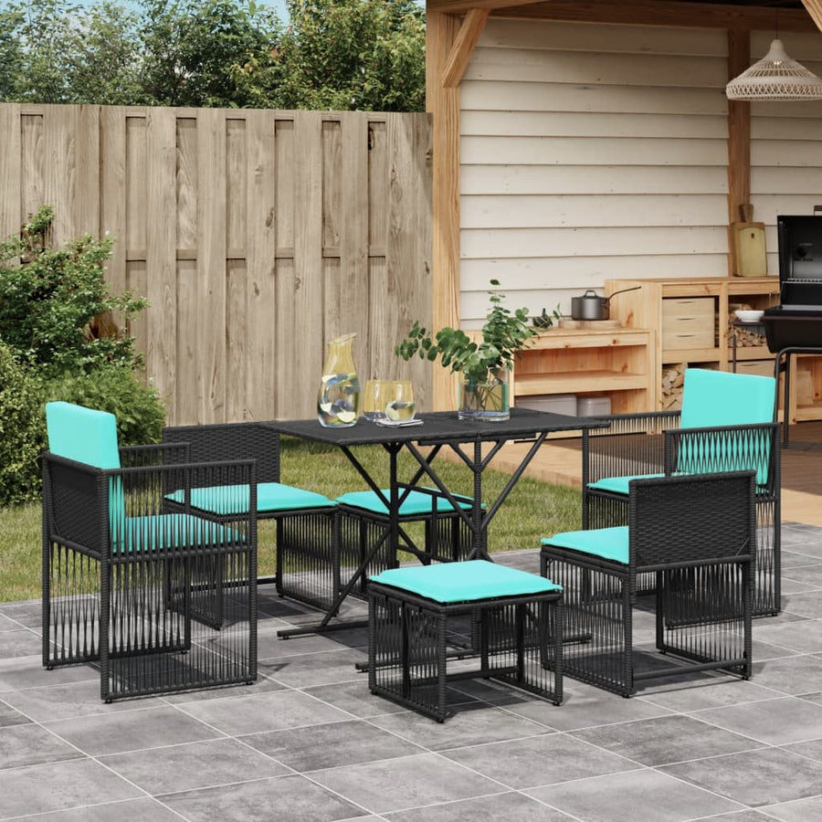 7-delige tuineetset met kussens zwart poly rattan