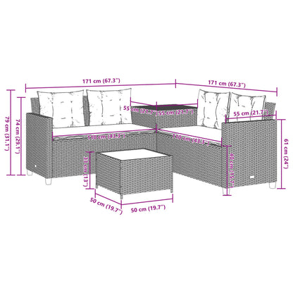 Tuinbank met tafel en kussens L-vormig poly rattan bruin