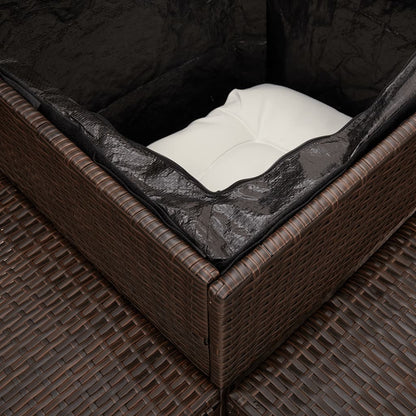 Tuinbank met tafel en kussens L-vormig poly rattan bruin