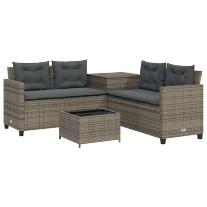 Tuinbank met tafel en kussens L-vormig poly rattan grijs