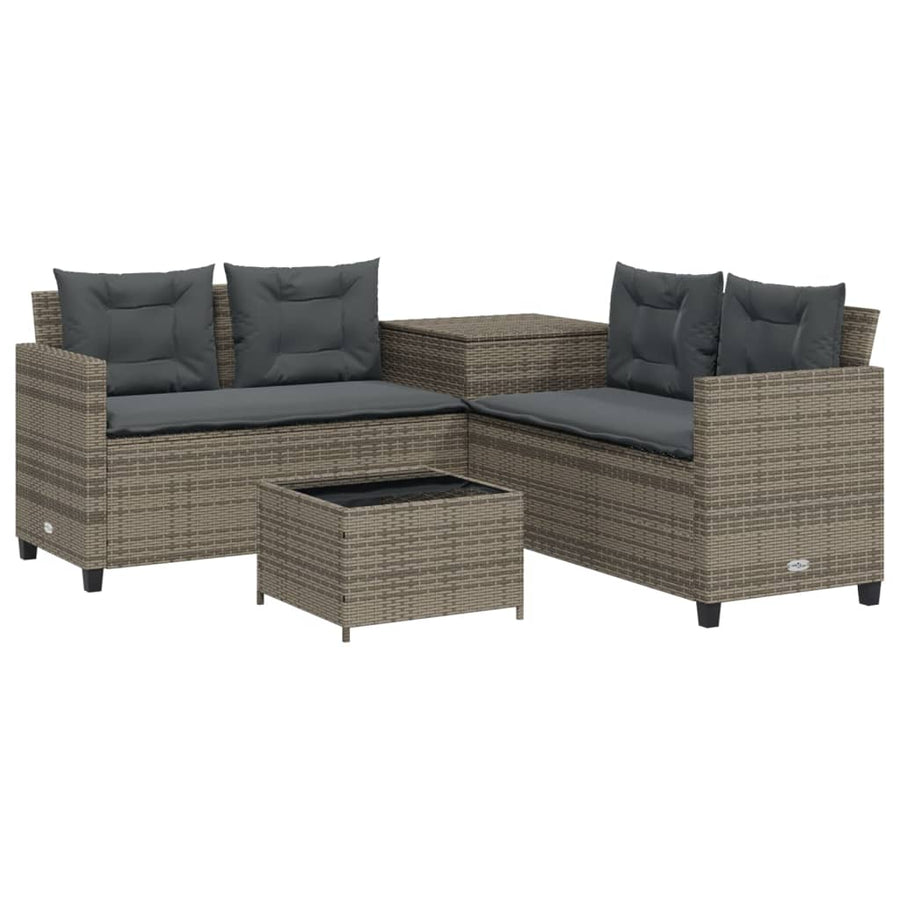 Tuinbank met tafel en kussens L-vormig poly rattan grijs