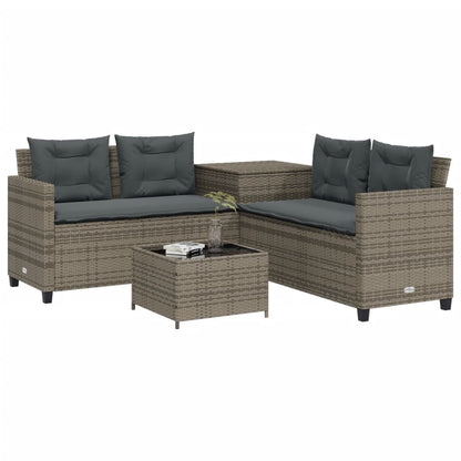 Tuinbank met tafel en kussens L-vormig poly rattan grijs