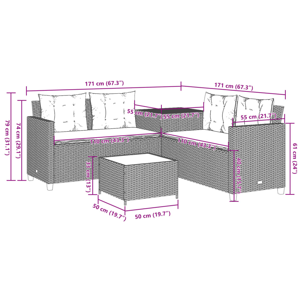Tuinbank met tafel en kussens L-vormig poly rattan grijs