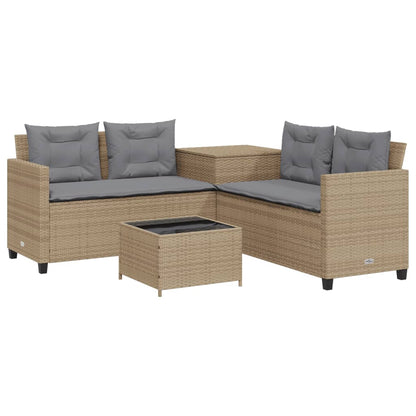 Tuinbank met tafel en kussens L-vormig poly rattan beige