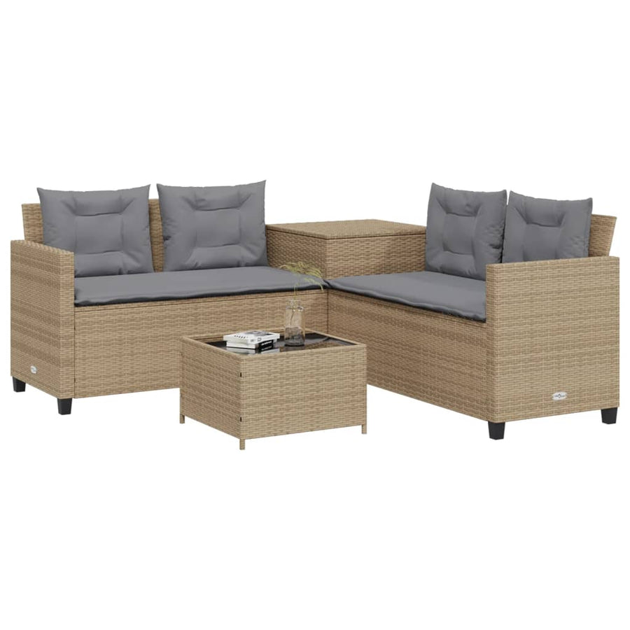 Tuinbank met tafel en kussens L-vormig poly rattan beige