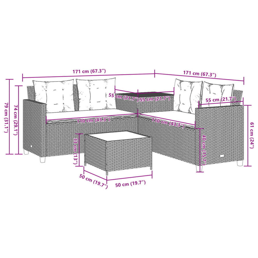 Tuinbank met tafel en kussens L-vormig poly rattan beige