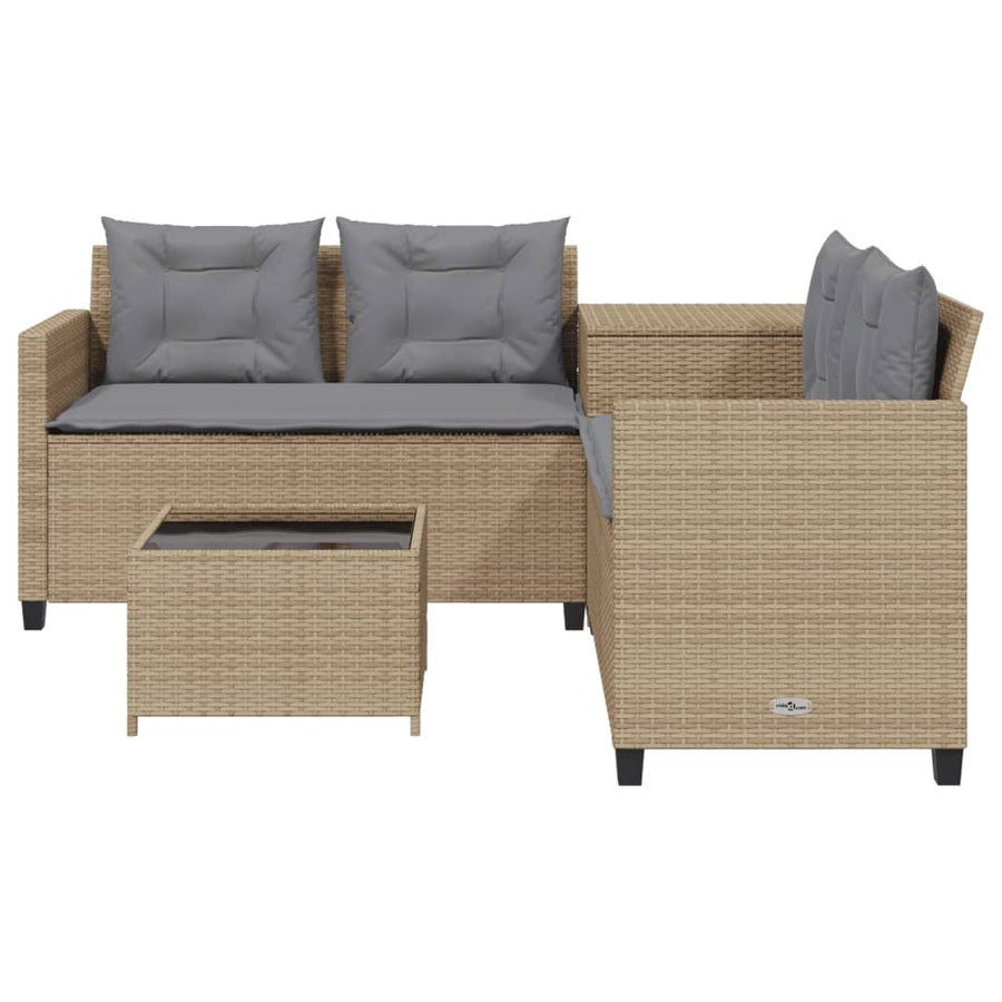 Tuinbank met tafel en kussens L-vormig poly rattan beige