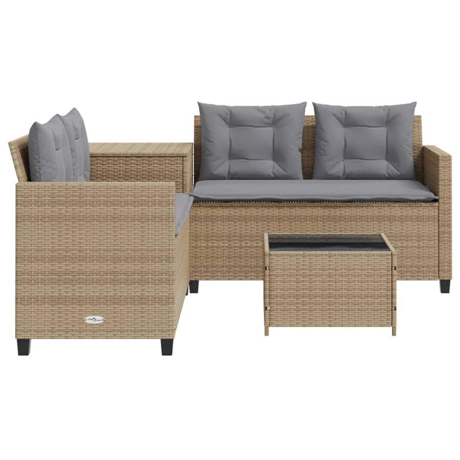 Tuinbank met tafel en kussens L-vormig poly rattan beige